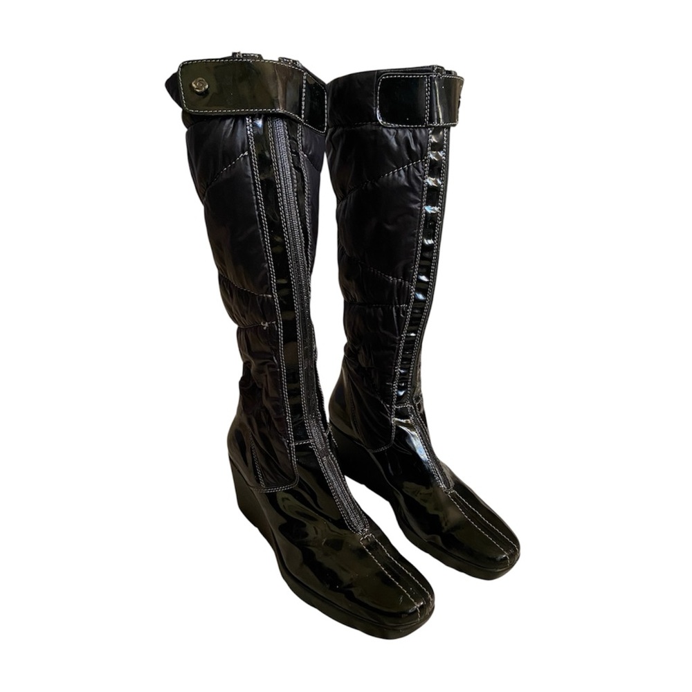 Samsonite Black Patent Leather Quilted Knee-High Wedge Heel Boots